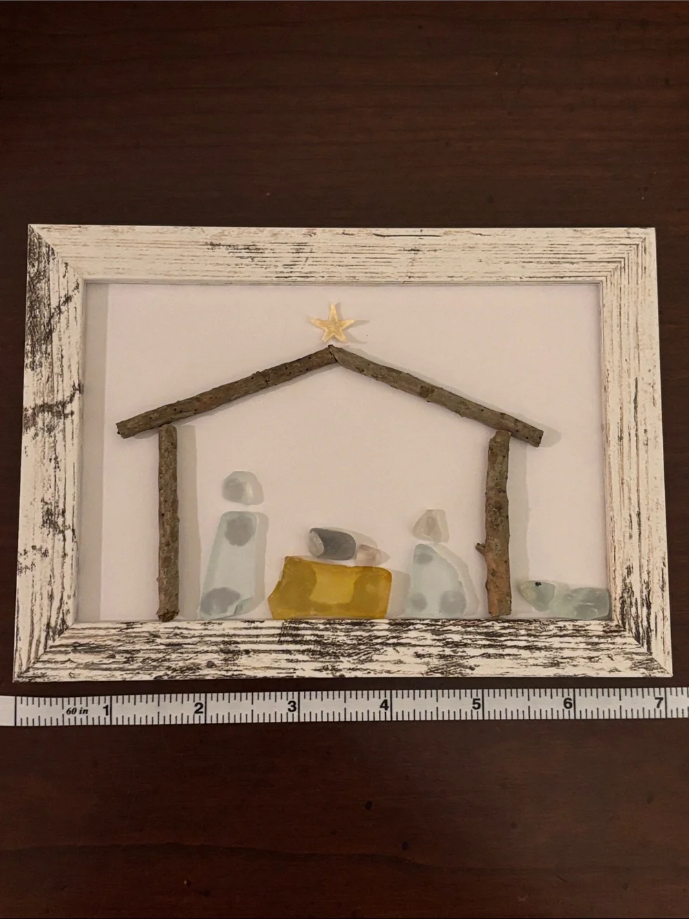 Handcrafted Sea Glass Nativity Scene Art – White Rustic Wood Frame
